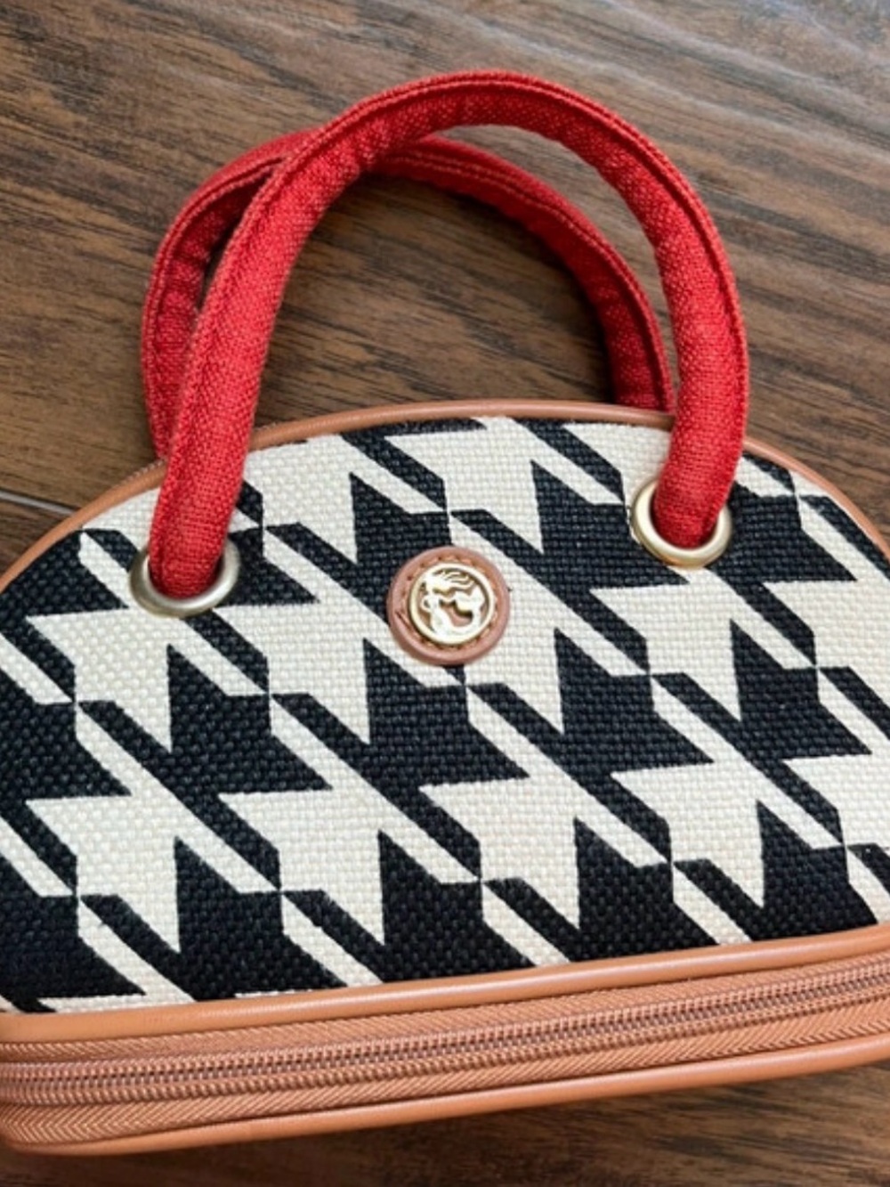 Black & White Houndstooth Mini Bag with Red Handles